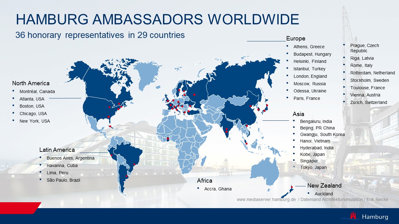 Weltkarte mit 36 Ehrenvertretern in 29 Ländern, markiert in Nord-, Südamerika, Europa, Asien, Afrika und Neuseeland.