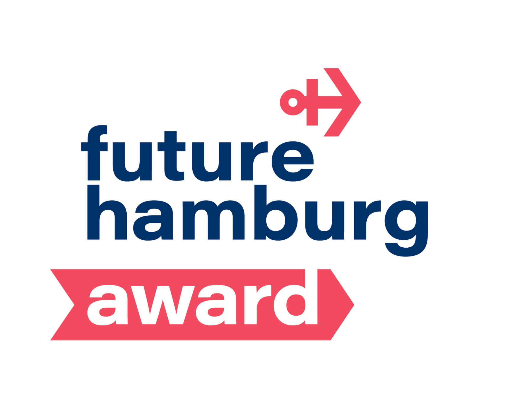 Logo of the Future Hamburg Award. The lettering 'future hamburg' is in dark blue lettering, with 'award' in white lettering on a red arrow below. At the top right is a stylised red anchor symbol.