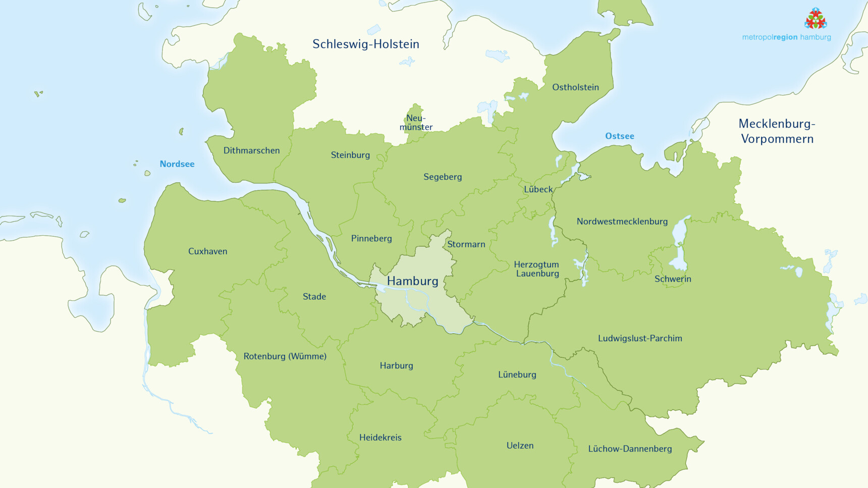 Map of the Hamburg metropolitan region with neighbouring districts and waters of the North Sea and Baltic Sea.