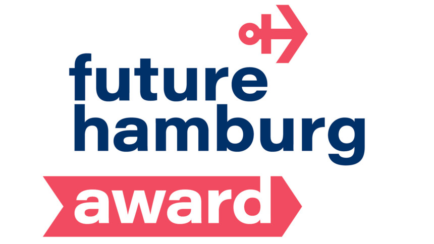 Logo of the Future Hamburg Award. The lettering 'future hamburg' is in dark blue lettering, with 'award' in white lettering on a red arrow below. At the top right is a stylised red anchor symbol.