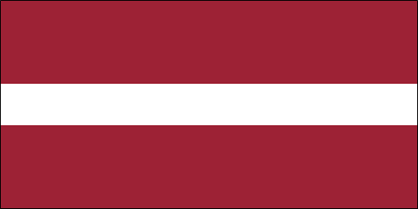 Flagge von Lettland mit zwei roten und einem weißen horizontalen Streifen in der Mitte.