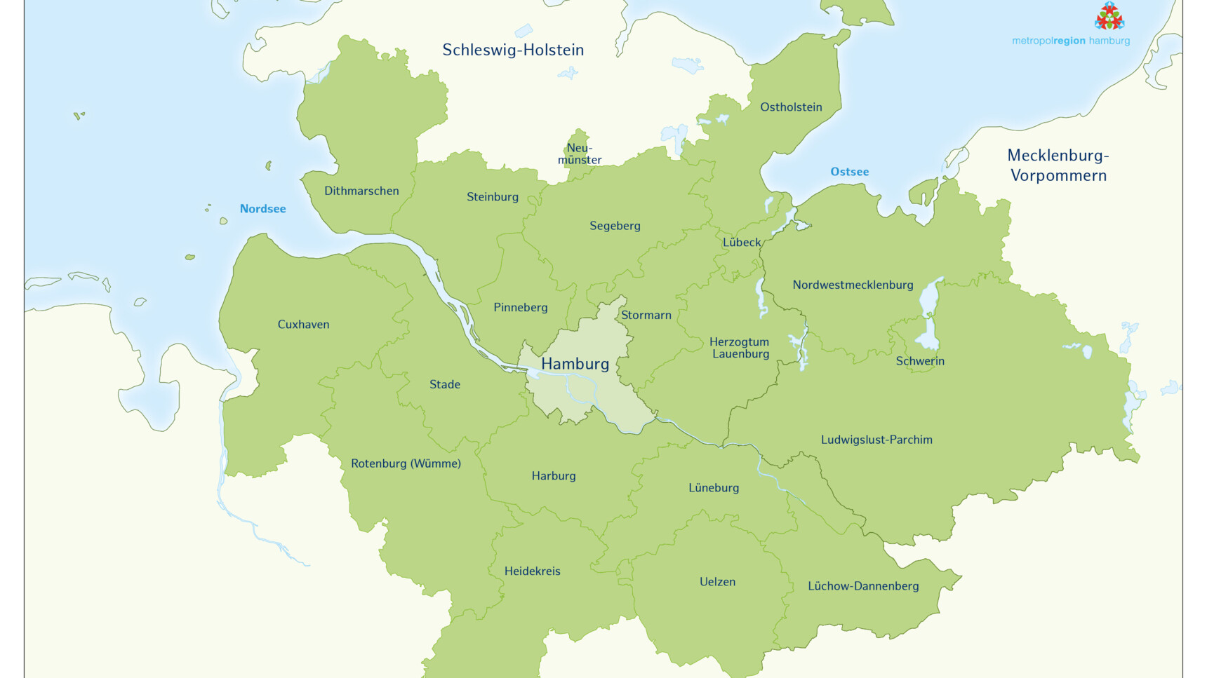 Karte der Metropolregion Hamburg mit angrenzenden Landkreisen und Gewässern Nordsee und Ostsee.