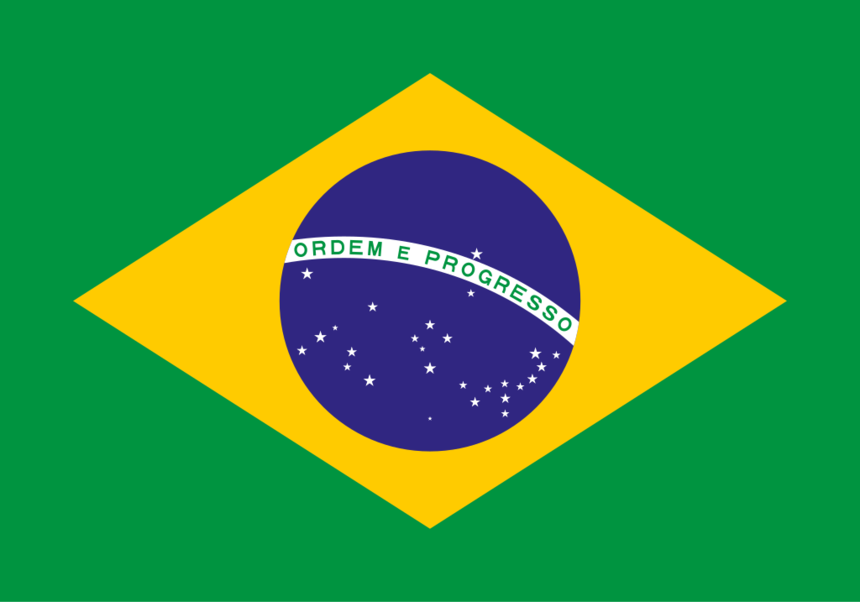 Flagge von Brasilien mit grünem Hintergrund, gelbem Rhombus und blauem Kreis mit Sternen und Schriftzug.