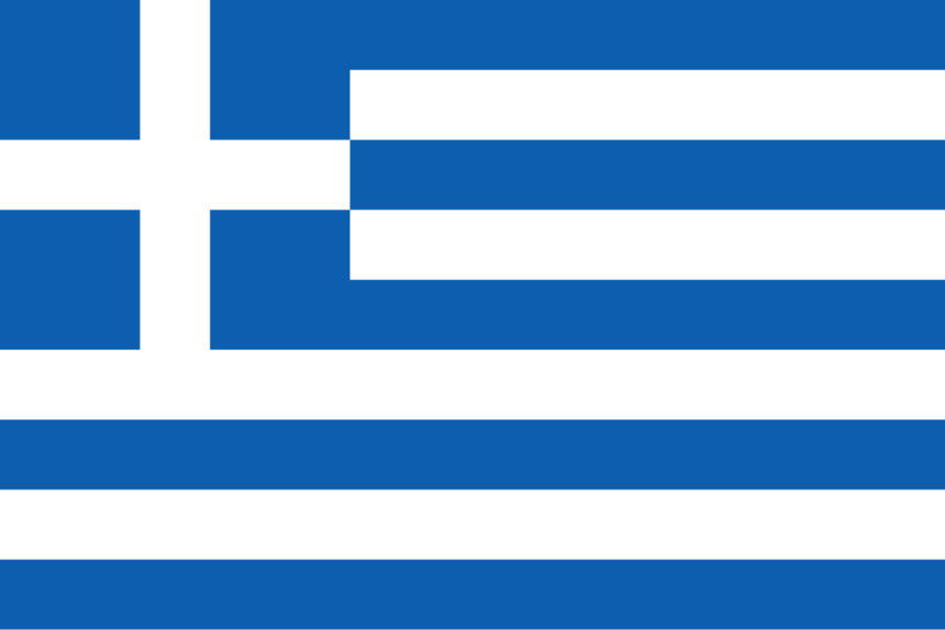 Flagge Griechenlands mit neun blauen und weißen Streifen und weißem Kreuz auf blauem Quadrat oben links.