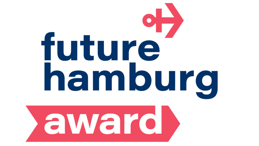 Logo of the Future Hamburg Award. The lettering 'future hamburg' is in dark blue lettering, with 'award' in white lettering on a red arrow below. At the top right is a stylised red anchor symbol.