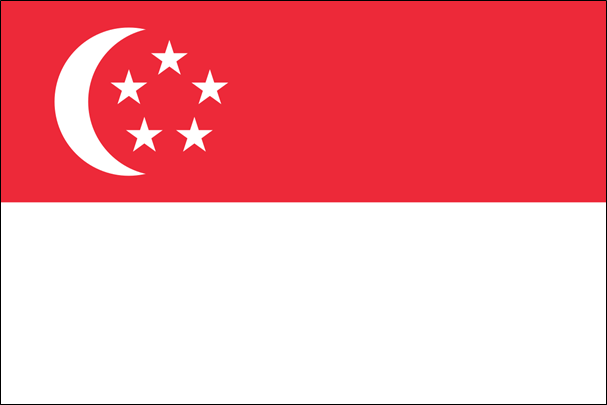 Flagge von Singapur mit rotem Oberteil, weißem Unterteil, weißem Halbmond und fünf weißen Sternen.