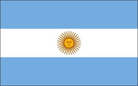 Flagge Argentiniens mit hellblauen und weißen Streifen und einer gelben Sonne in der Mitte.