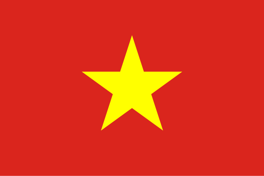 Flagge von Vietnam mit rotem Hintergrund und großem gelbem fünfzackigem Stern in der Mitte.