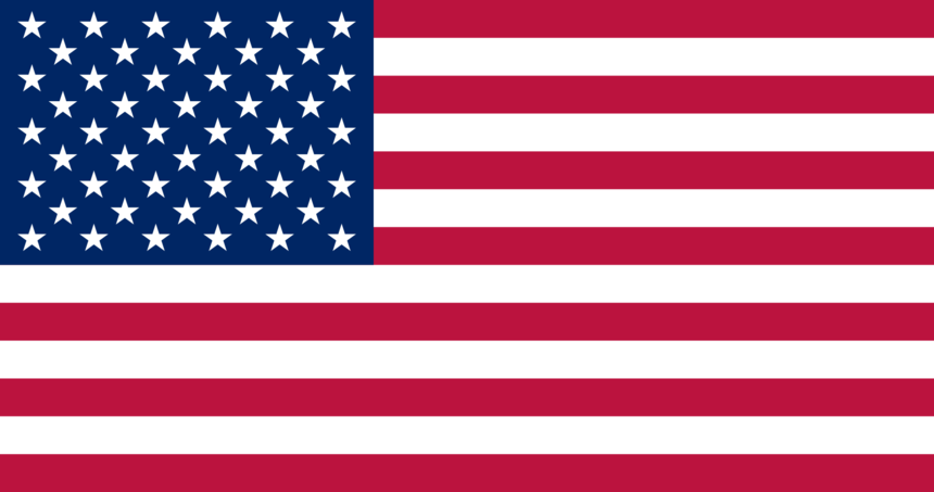 Flagge der Vereinigten Staaten mit 50 weißen Sternen und 13 roten und weißen Streifen.