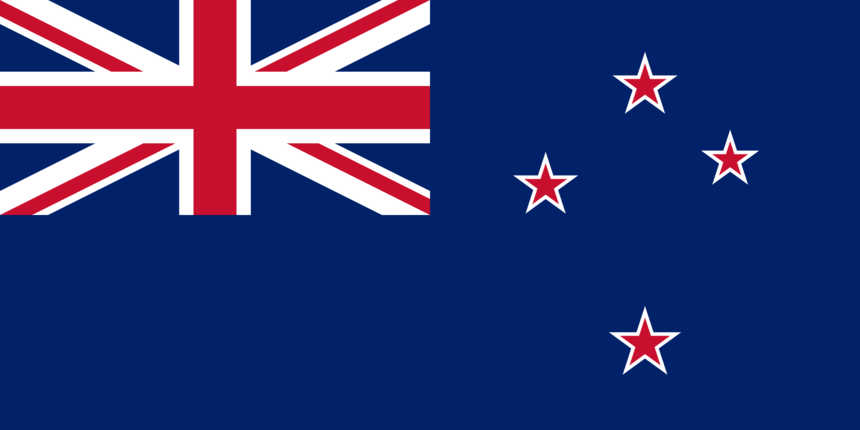 Flagge von Neuseeland mit Union Jack und vier roten Sternen auf blauem Hintergrund.
